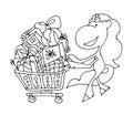 Cute fabulous unicorn with outlined for coloring book isolated on a white background. Unicorns lucky trolley with gifts and shoppi